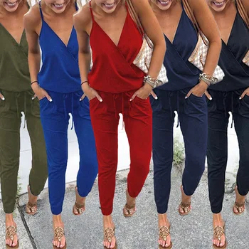 

Jumpsuit Summer Women Sexy V-neck Sleeveless Solid Lace Up Africa Casual Overalls Long Romper Work Ropa Mujer Feminino Tracksuit