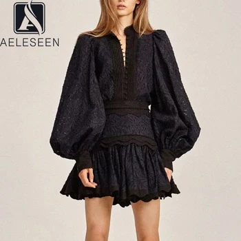 

AELESEEN Spring Fashion Runway Vintage Skirt Suit Women's Lantern Sleeve Hollow Out blouses and Ruffles Skirt 2 Pieces Set Suits
