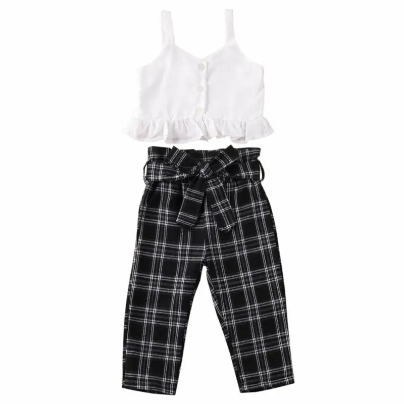 

1-6Y Toddler Baby Girl Summer Clothes Sets Ruffle Sleeveless Tops T-shirt Plaid Bow Pants Outfits