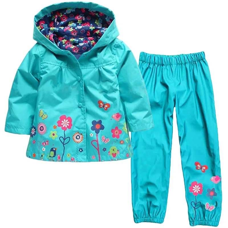 cor bonito dos desenhos animados flor borboleta chuva conjunto de roupas para menina anos de idade crianças capa de chuva de manga cheia calças meninas terno
