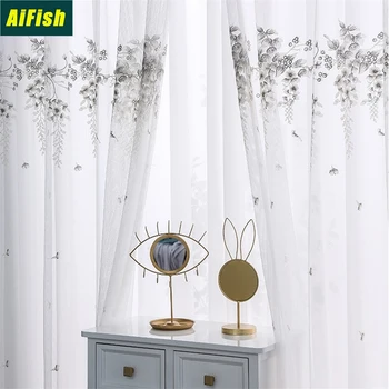 

Modern Minimalist Embroidered Window Screen Living Room Bedroom Partition Window Screen Custom Bay Window Curtain Cortina TM054
