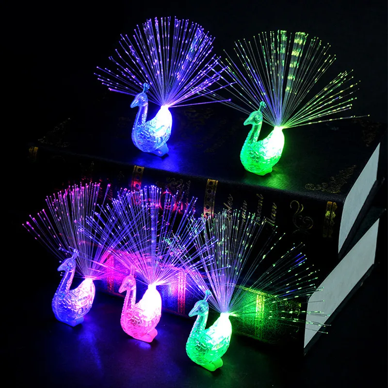 5 Peacock Finger Rings Light Colorful LED Glowing Open Fiber Optic Night Light for Kids Child Adult Party Vocal Concert Supplies