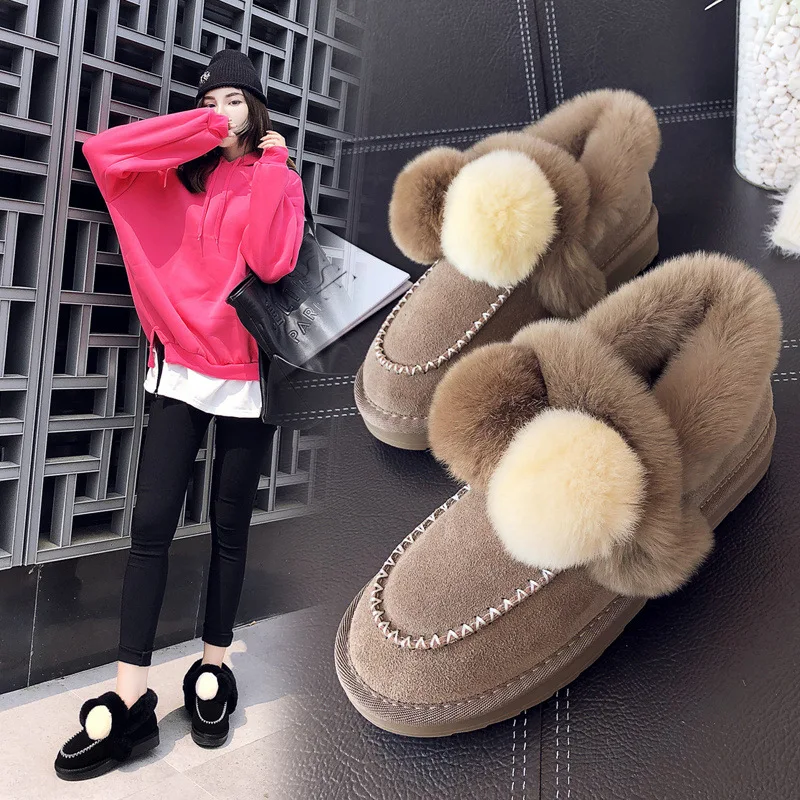 

2018 Winter New Style Snow Boots Women's Genuine Leather Flat round-Toe Cute Furry Ball Cotton Boots Thick Warm Fur Boots Women'