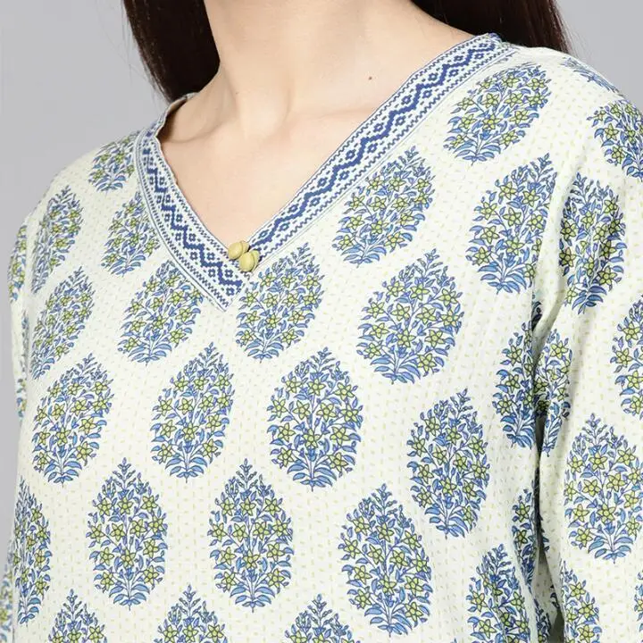 Женские Модные Этнические стили наборы печати хлопок Индия Kurtas платье леди три четверти рукав топ брюки шарф