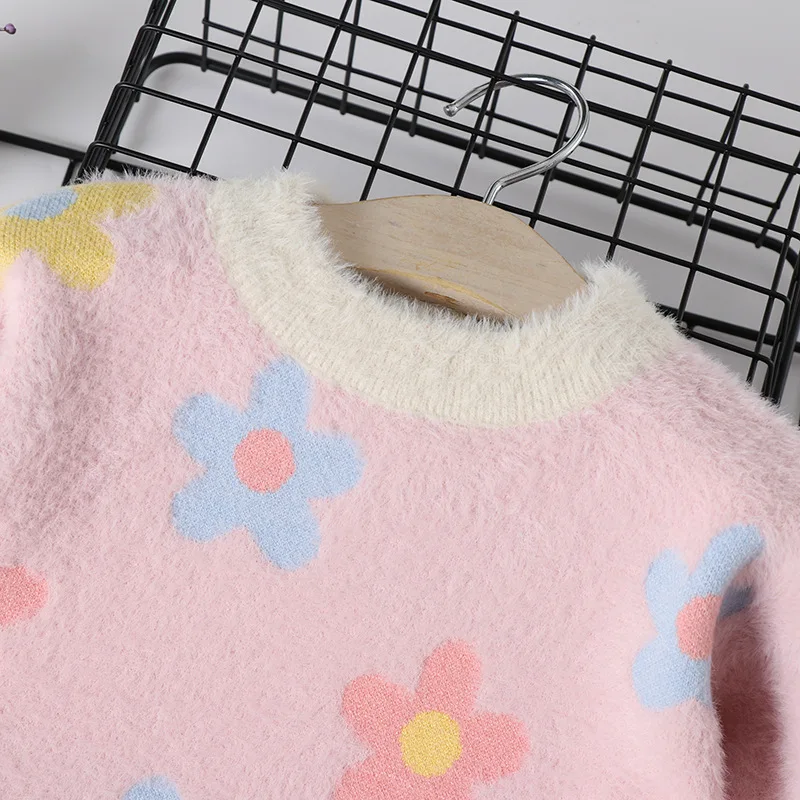 

Girls Waterproof Mink Cashmere Sweater Autumn And Winter New Style Baby Girls Pullover Knitted Sweater Flower Crew Neck Base Swe