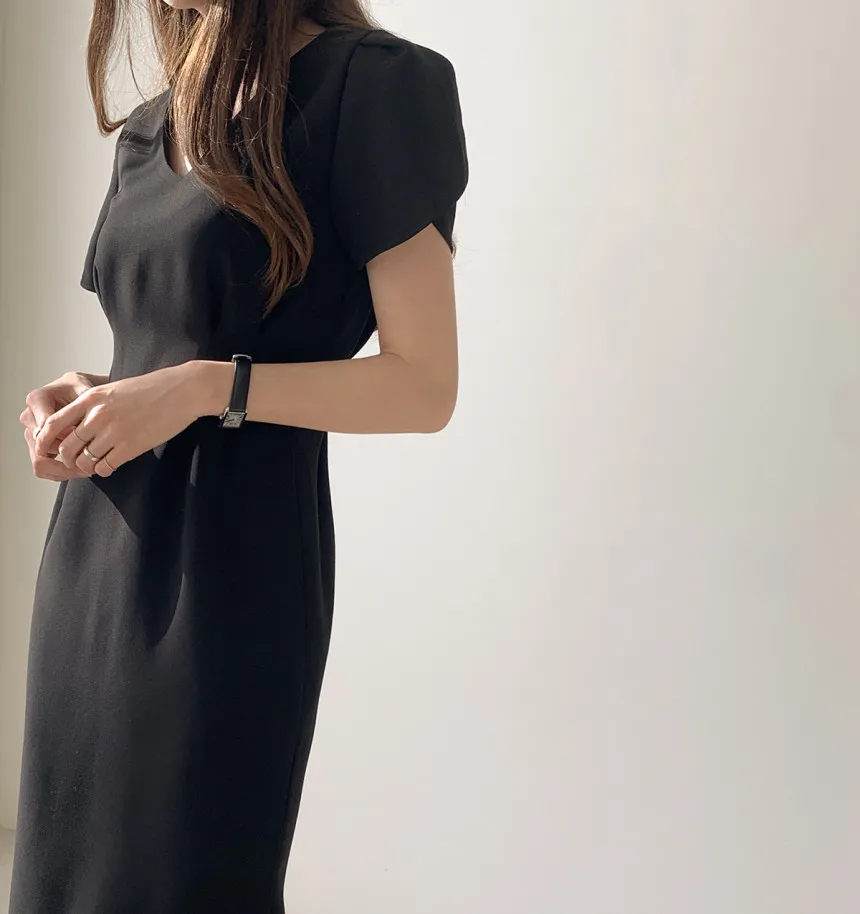 Woherb Korean Chic Women Dress Short Sleeve Casual V-Neck Elegant Office Lady Dresses 2020 New Slim Waist Robe Vestidos Mujer