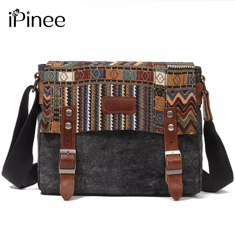 

iPinee Women's Messenger Bags Canvas Shoulder Bag With Cow Leather Briefcase Retro Office Bag Handmade Bags Lady