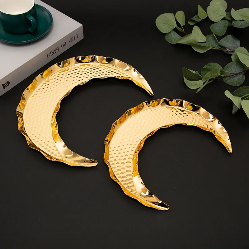 

Gold Fruit Basket Moon Shape Ramadan Festival Alloy Candy Food Nut Fruit Storage Basket Wedding Home Desktop Tray Decoration