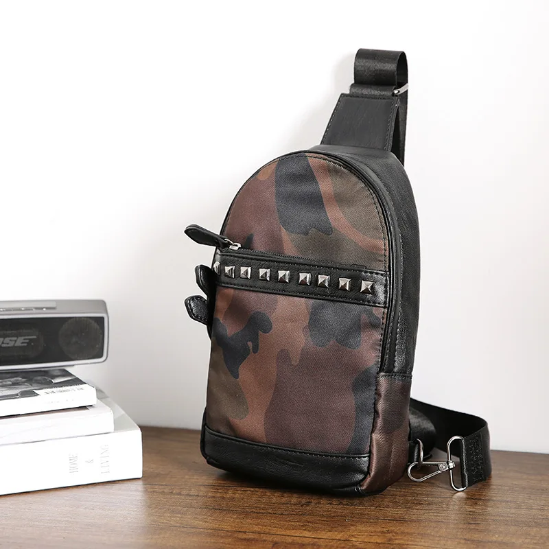 

Korean version of the front pack leather Street bra backpack tide camouflage leopard print bra fashion men and women's bags