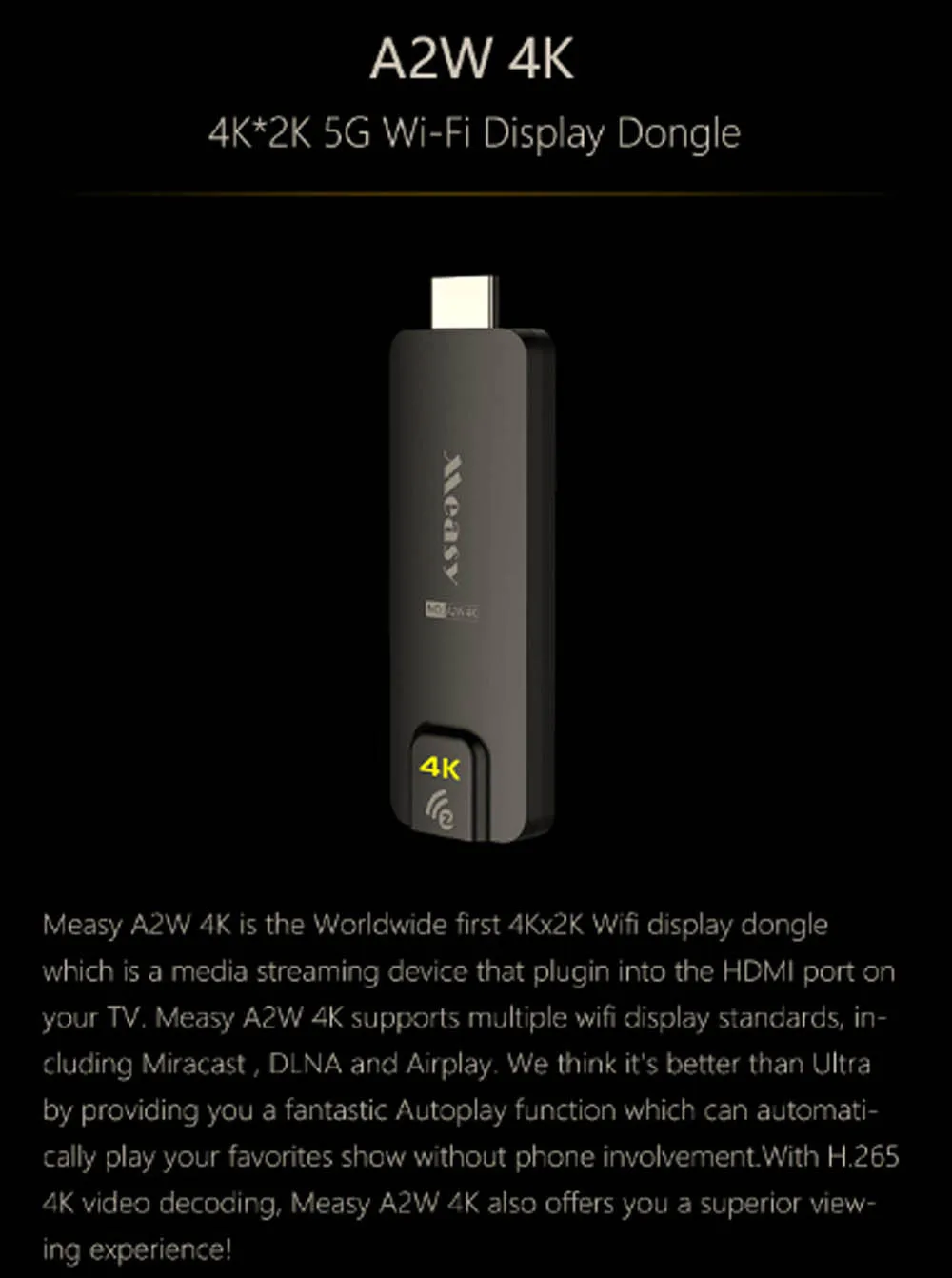 MEASY A2W 4K tv Dongle двухдиапазонный 2,4 ГГц 5 ГГц WiFi Miracast Airplay DLNA tv Stick для Android 4,2, IOS 6,0 Поддержка Wi-Fi дисплея