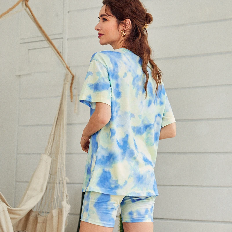 Simplee Casual outfits womens two piece suits Tie dye printing backsuits T-shirt suit Sports style bicycles shorts set 2020 NEW