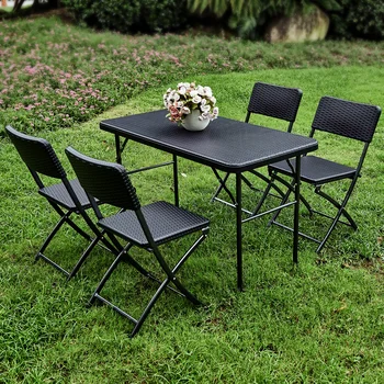 

IKayaa Black Woven Resin Style Chairs Garden Party Camping Stool Patio Outdoor Furniture 2pcs/set Chairs Folding Garden Chairs