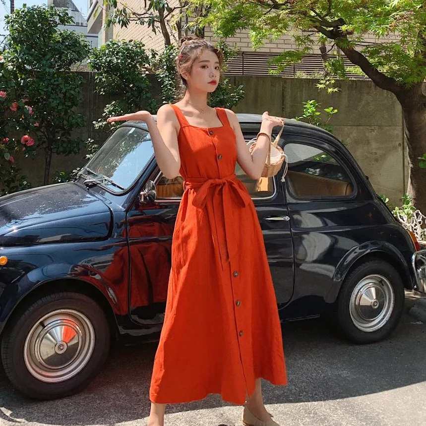 

Photo Shoot INS Vigorous GIRL'S Sweet Coral Orange Mid-length Camisole Square Collar Single Breasted Waist Hugging A- line Dress