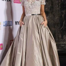 Элегантные Формальные платья знаменитостей трапециевидной формы с рукавами-крылышками из тафты Кружева створки Длинные вечерние платья для красной дорожки