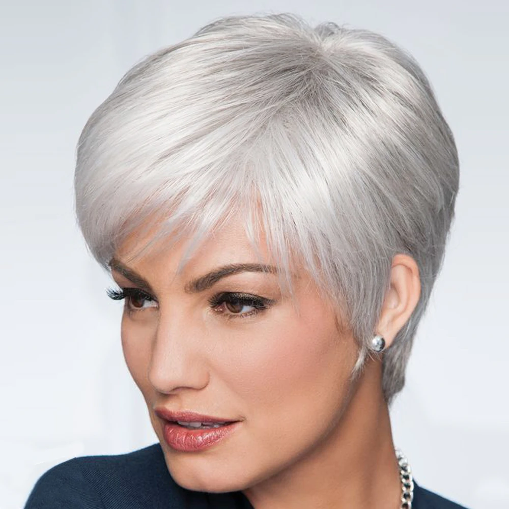 Hair-Wig Silver Pixie-Cut White Synthetic Bangs Highlights Short Azqueen Straight Women