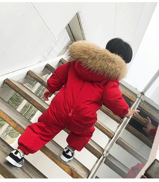 Winter Overalls For Baby Rompers Jumpsuit Children Duck Down Overalls Snowsuit Toddler Kids Boys Girls Fur Hooded Romper Costume