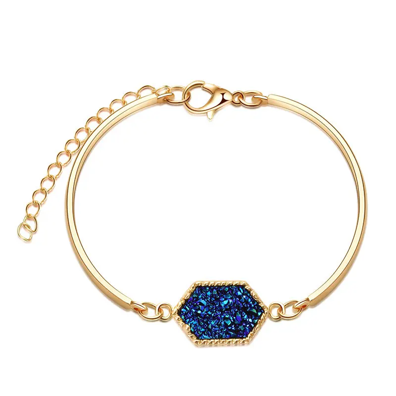 gold blue Браслет с кристаллами, модные геометрические браслеты с шестиугольником Друза природного камня, Золотая Серебряная цепочка для женщин, ювелирное изделие - Окраска металла: gold blue
