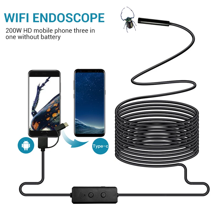 Бороскоп IP67 8 мм Windows2000/Windows Xp/Vista/Windows7/Windows8 8 светодиодный Инспекционная камера Micro USB/TYPE-C wifi эндоскоп