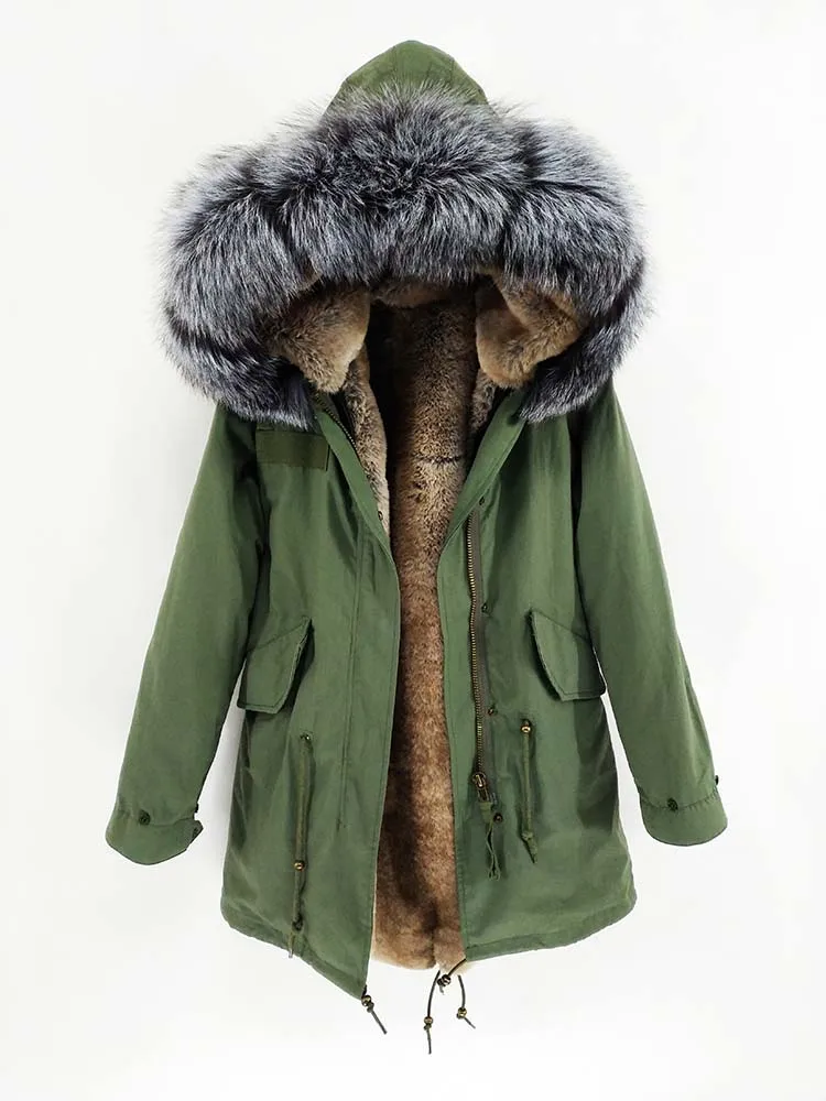 Плюс размер зимняя куртка мужская парка натуральный мех пальто большой натуральный енот меховой капюшон, воротник Толстая теплая верхняя одежда Уличная - Цвет: silver fox fur green
