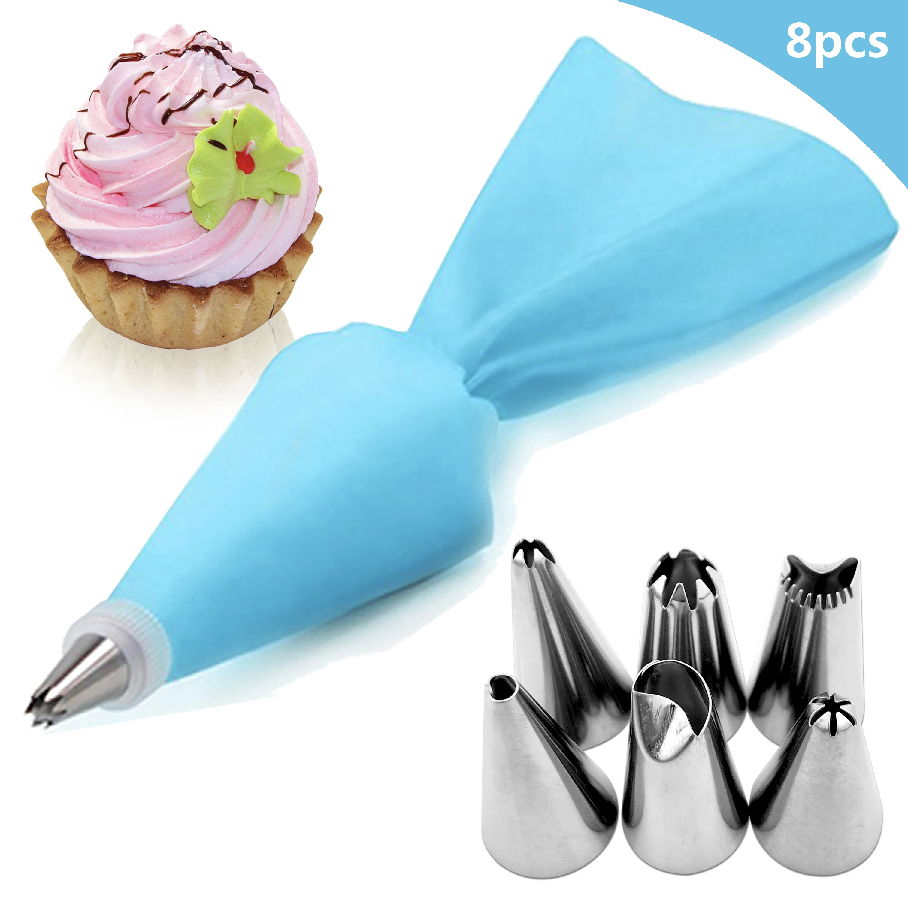 8PCS/bag Silicone Icing Piping Cream Pastry Bag Stainless