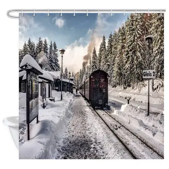 

Steam Train Shower Curtain, Vintage Retro Train Passed Platform on Railway Bath Curtains, Polyester Fabric Bathroom Shower