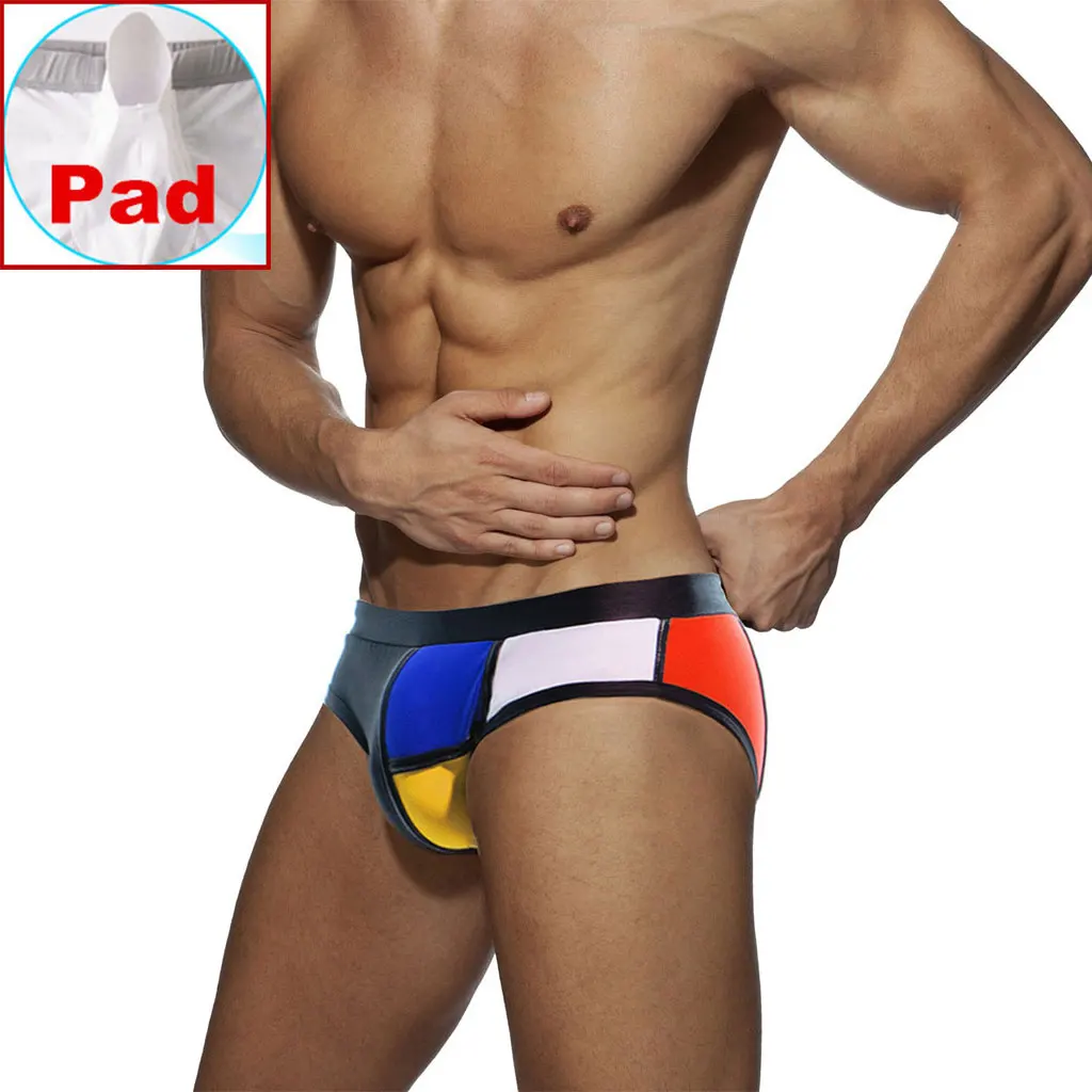 Swimwear Men Pouch Bikini Beach-Shorts Brief Low-Waist Patchwork Sexy with Pad Contour