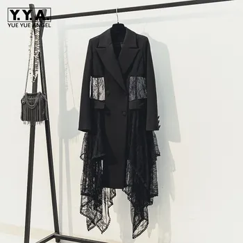 

Korean Spring Lace Patchwork Mesh Asymmetrical Womens Jackets Double Breasted Lapel Medium Length Female Slim Fit Fashion Coats