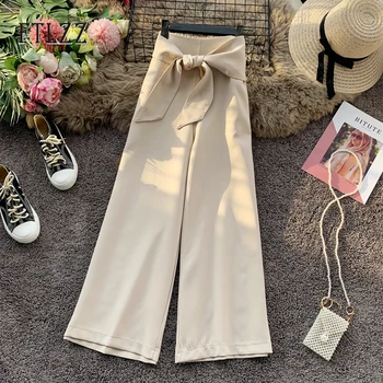 

2020 New Women Pants Summer Vintage Bow Bandage Elastic High Waist Pleated Wide Leg Pants Korean Clothes