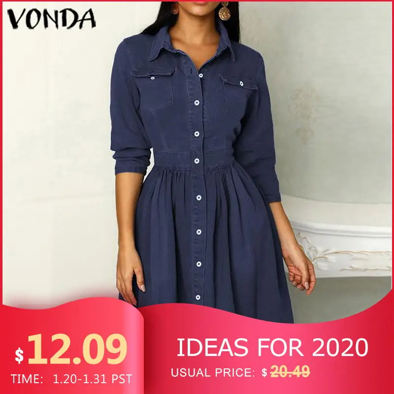 

VONDA 2020 Blue Mini Dress Women Office Lady Shirt Dreses Autumn High Waist Slim Elegant Short Sundress Plus Size Beach Vestidos