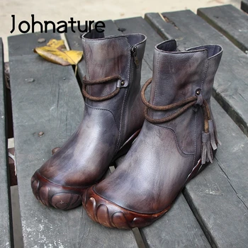 

Johnature Genuine Leather Retro Ankle Boots For Women 2020 New Winter Sewing Flat With Round Toe Zip Shoes Woman Platform Boots