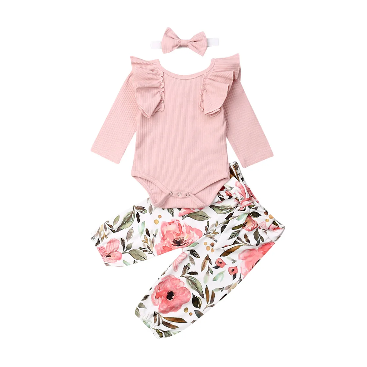 

Toddler Girl Clothes 2019 Newborn Baby Girl Clothes Ruffle knitting Romper Tops+Floral Pants+Headband Outfit Set