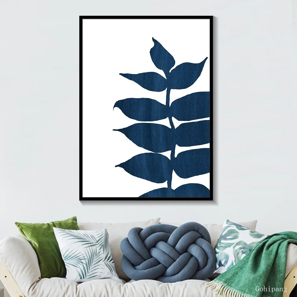 Black and White Dark Navy Blue Palm Tree Leaves Modern Minimalist Art Print Botanical Denim Posters Picture Room Decor