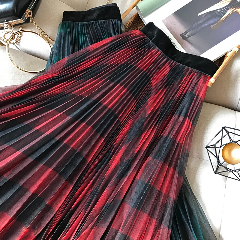 Najtaniej Kobiety w stylu Vintage klasyczna siatka wzór Plaid wysokiej talii spódnica linii moda wysokiej talii plisowane spódnice midi