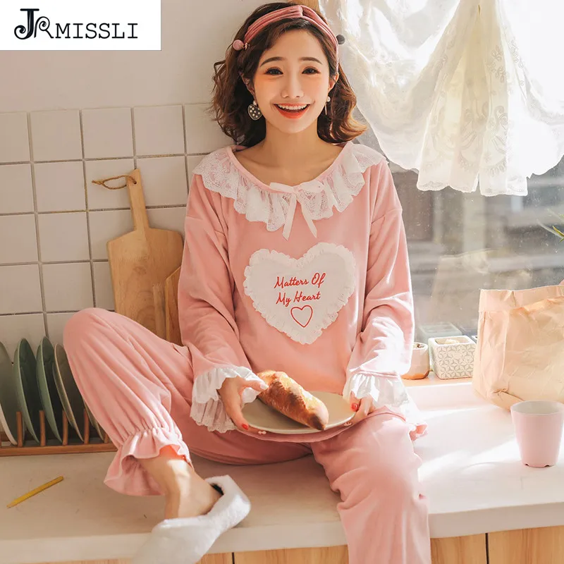 

JRMISSLI Brand Gold Velvet Women Pajamas Sets Lace Letter Print Lady Sleepwear Women's Pijamas Suit Home Clothes Pyjama Femme