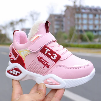

2020 Winter kids Shoes Pink Black Running Shoes For Girls With Fur Children Girls Flats Sneakers Non-Slip Kids Designer Shoe