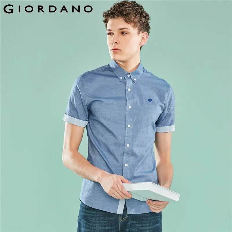 Giordano Оксфорд рубашка с короткими рукавами slim fit и вышивкой лягушки на груди