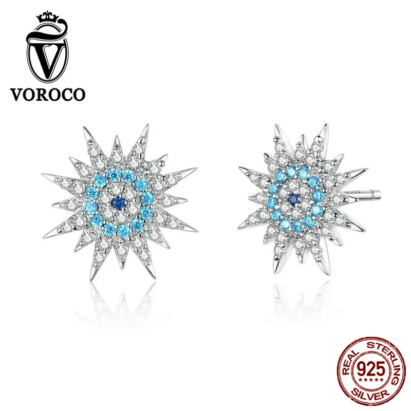 VOROCO 925 Sterling Silver Stud Earrings Sparkling Blue Eye Radiant Fine Jewelry Wedding Engagement Wedding Brincos BKE753