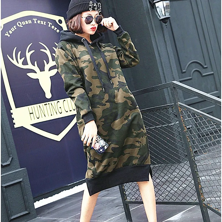 

South Korea Dongdaemun WOMEN'S Dress 2018 Autumn And Winter Popular Brand Large Size Camouflage plus Velvet Long Sleeve Long Joi
