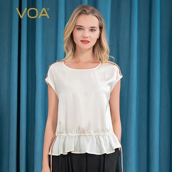 

Voa Satin Silk Collar Shoulder Short-sleeved Bead Buckle Stitching Drawstring Lace-up Waist T-shirt Bx75 Tshirt T Shirt Women