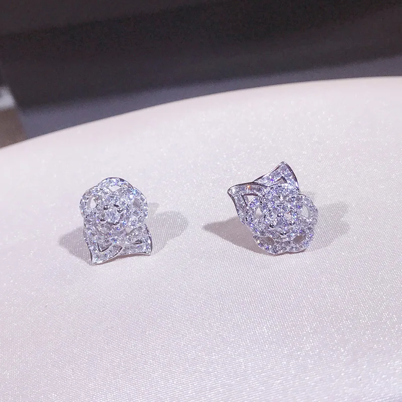 

New Arrival Trendy Sparkling Zircon Rosy Flower Earrings Stud Real 925 Sterling Silver Women Earrings