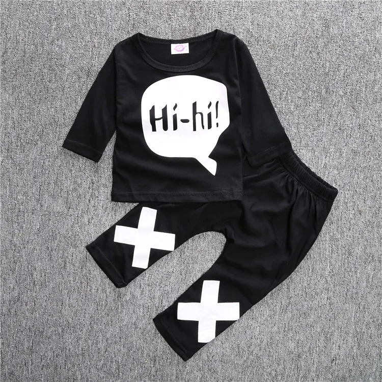 2020 Autumn Baby Babe Clothing 2PCS Sets Infant Long-sleeved Letter Cotton Black T-shirt &amp Pants SAY Hi-Hi Clothes |