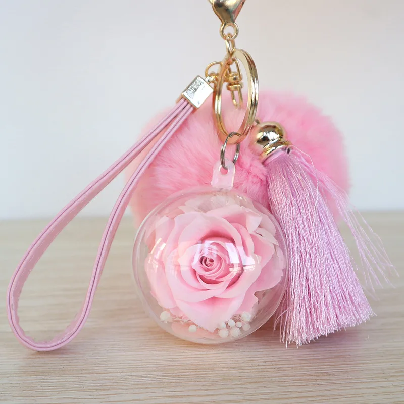Preserved Rose Keychain Hanging Ornaments Bag Car Decorative Flowers Keychain With Plush Ball for Elegant Ladies Best Gift D30 - Цвет: Розовый