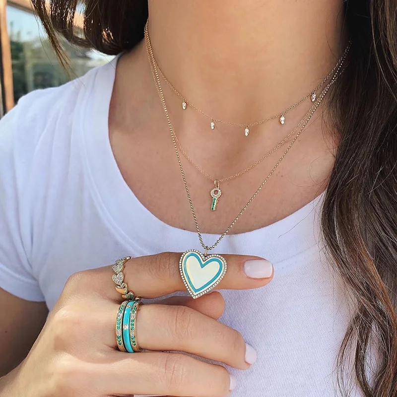 

Green Red Pink White Black Gem Enamel Heart Necklaces For Women Lady's Gold Beads Chain