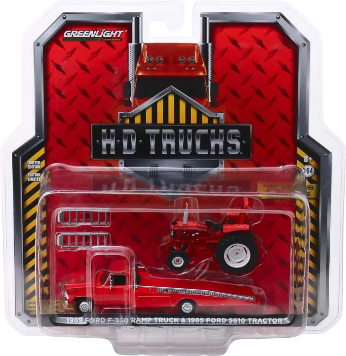 Зеленый свет 1: 64 1969 Ford F-350 рампа грузовик с 1985 Ford 5610 Игрушечная машина из сплава игрушки для детей литой модельный автомобиль подарок на день рождения