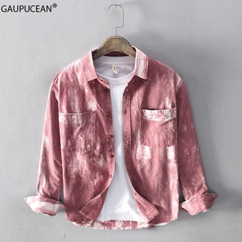 

100% Cotton Anti-static Fashion Tie-dyed Man Shirt Quality Spring Autumn Male Pockets Red Casual Full Long Sleeve Men Shirts