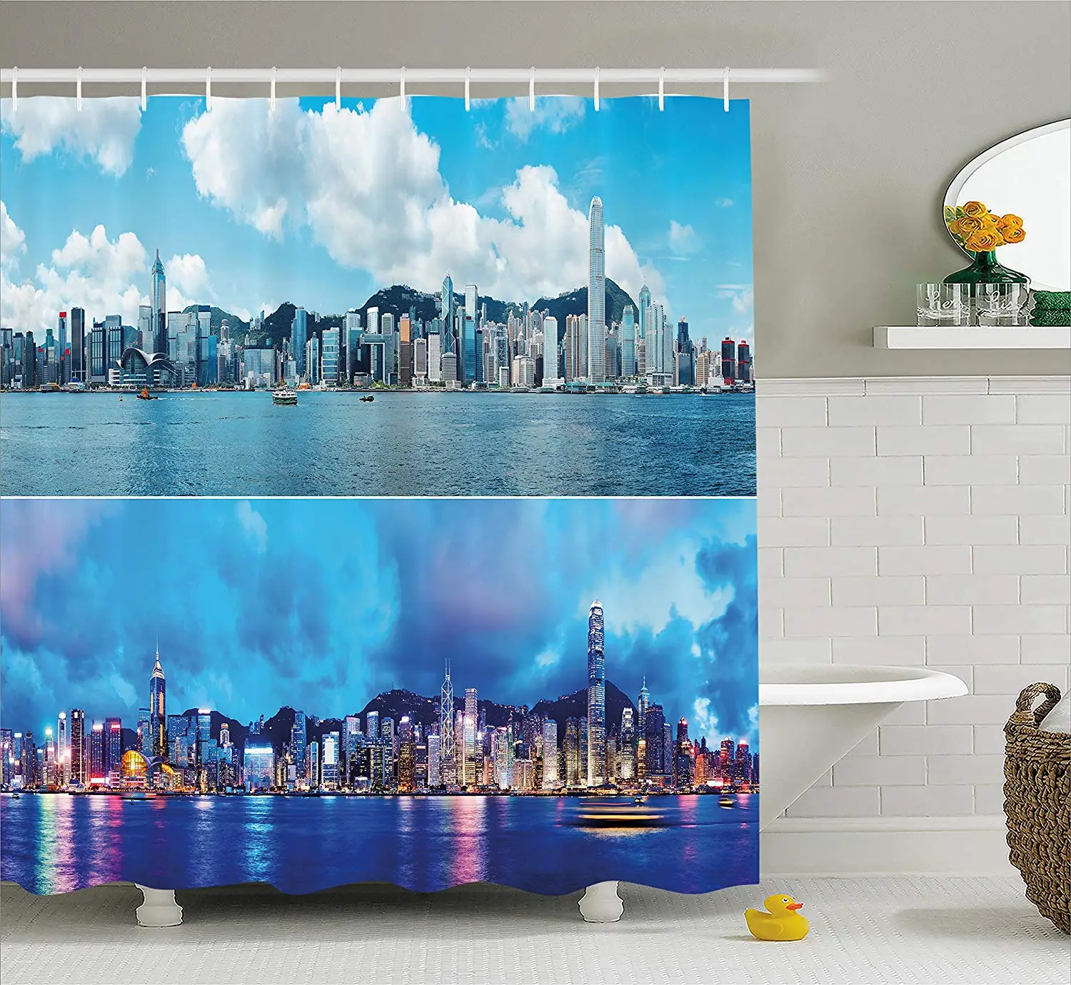 Apartment Decor Shower Curtain Times of Hong Kong City Morning and Evening Urban Downtown Scene Art Fabric Bathroom | Дом и сад