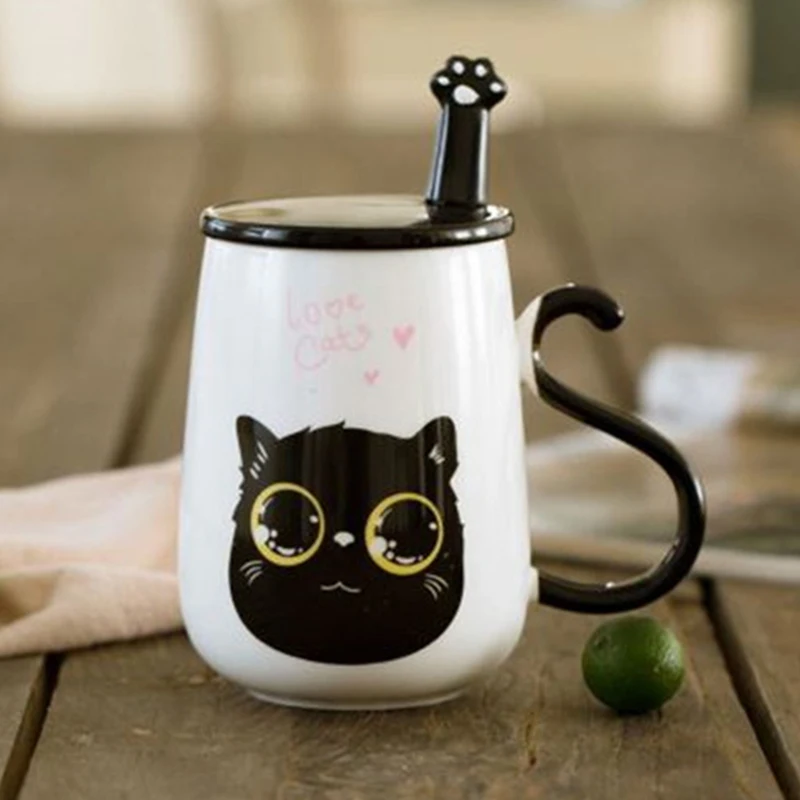 Мультяшная кошка керамическая чашка, кофейная чашка с крышкой и ложка для молока чашка для завтрака