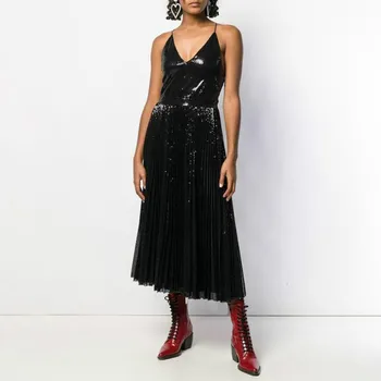 

Sexy Sequined Dresses For Women V Neck Spaghetti Strap High Waist Pleated Dress Female Fashion 2019 Clothing Tide