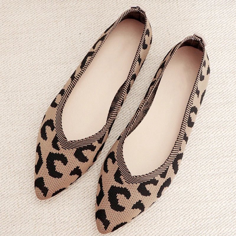 2022 Fashion Breathable Leopard Mesh Ballet Flats Pointed Toe Slip On Loafers Women Casual Soft Rubber Sole Boat Shoes Moccasins 