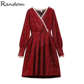 

Plus Size Women 2020Autumn Winter Black Red Dress Long Sleeve V Neck Vinatge 90S Sequin Pleated Dresses Christmas Party Clothing